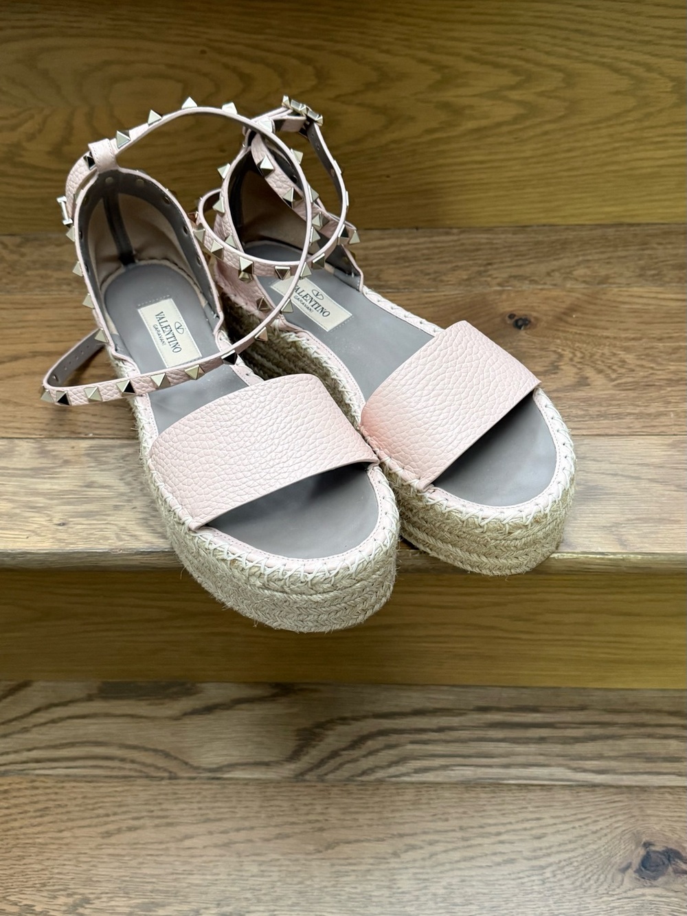 Valentino Light Pink Leather Studded Espadrille Wedges
